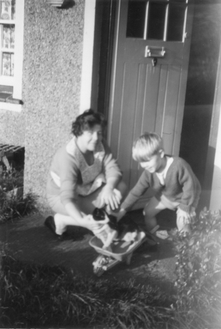Picture of small child with woman, cat and toy wheelbarrow