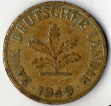 Picture of the obverse of a 1949 10 Pfennig piece