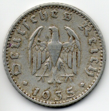 Picture of the obverse of a 1935 50 Reichspfennig piece
