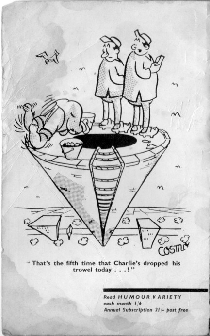 Cartoon of a despairing bricklayer on top of a tall chimney who has just dropped his trowel for the fifth time that day