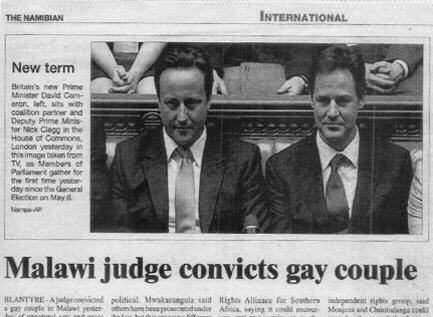 Newspaper clipping showing Clegg and Cameron over a headline saying 'Malawi judge convicts gay couple'