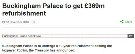 Screenshot of BBC news: 'Buckingham Palace to get £369m refurbishment