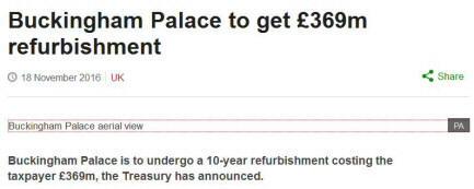 Screenshot of BBC news: 'Buckingham Palace to get 369m refurbishment