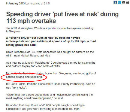 News story from BBC saying that a man was convicted of 'carless driving' for going at 113 mph