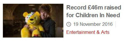 Screenshot of BBC news: 'Record £46m raised for Children In Need'