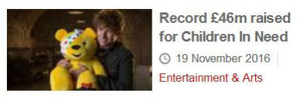 Screenshot of BBC news: 'Record 46m raised for Children In Need'