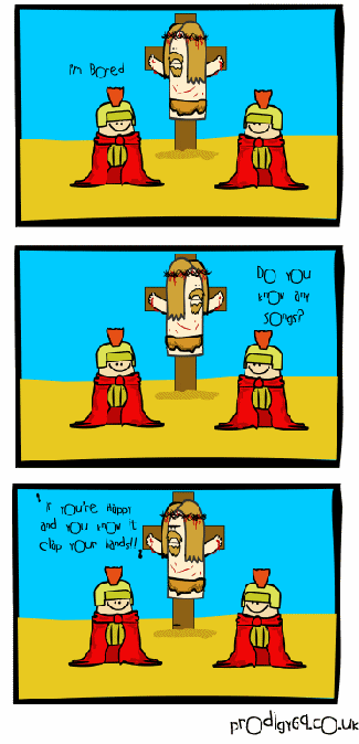 Bad-taste cartoon by Prodigy69 about The Crucifixion