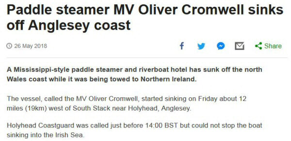 Screengrab from BBC News about a boat called the 'Oliver Cromwell' sinking on its way to Northern Ireland