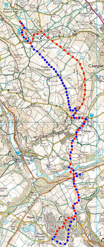 Map of my route to and from Cymau