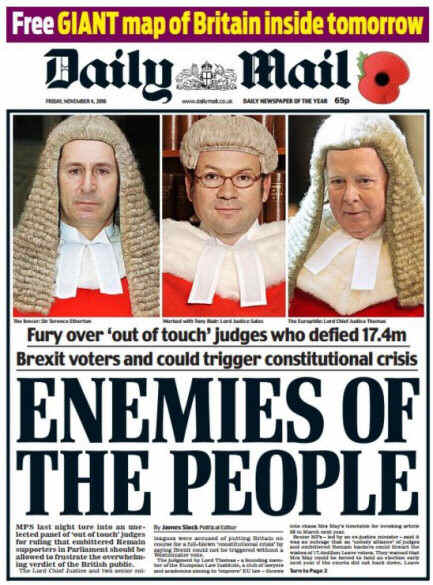 Shot of the front page of the 'Daily Mail' for 04/11/16 calling High Court judges 'Enemies Of The People'