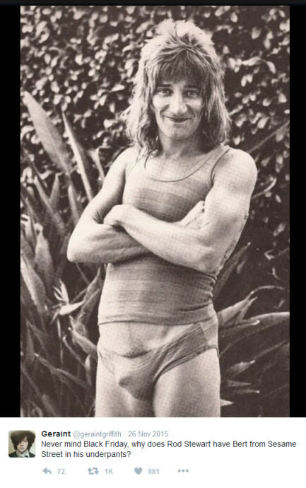 Photo of Rod Stewart wearing briefs which looks like he has Bert from 'Sesame Street' concealed in them