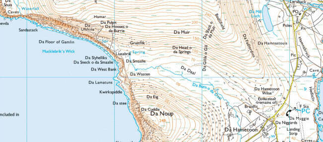 Part of a map of the isle of Foula, showing a lot of place names beginning with 'Da'