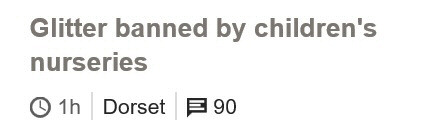 Screenshot headline, 'Glitter banned by children's nurseries'