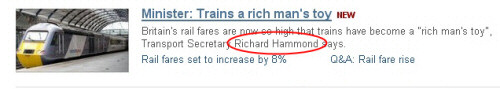 Screengrab of BBC News item mis-naming the Transport Minister Philip Hammond as the TV presenter Richard Hammond