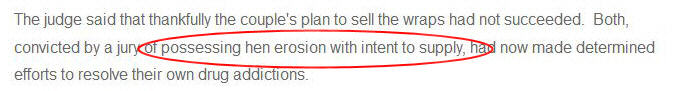 Screenshot from a local paper report of two people being convicted of 'possessing hen erosion with intent to supply'