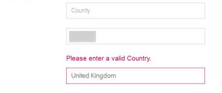 Screenshot from a web-page where 'United Kingdom' has been entered but an error message says 'Please enter a valid country'