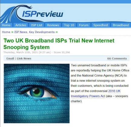 Screengrab from ISPreview: 'Two UK Broadband ISPs Trial New Internet Snooping System'