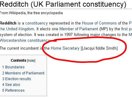 Wikipedia article referring to Jacqui Smith as 'Jacqui fiddle Smith'