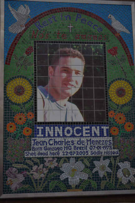 Photo of the memorial mural at Stockwell tube station for Jean Charles de Menezes