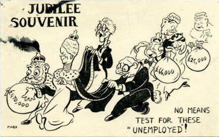 Cartoon from 1935 showing a bunch of aristos; caption reads 'No Means Test For THESE 'Unemployed'!'