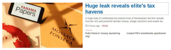 Screenshot from BBC News website with headline 'Huge leak reveals Elite's tax havens