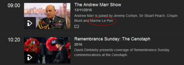 Screenshot from the BBC TV website showing its coverage of the Remembrance Day ceremony preceded by an interview with Marine Le Pen, leader of the Front National