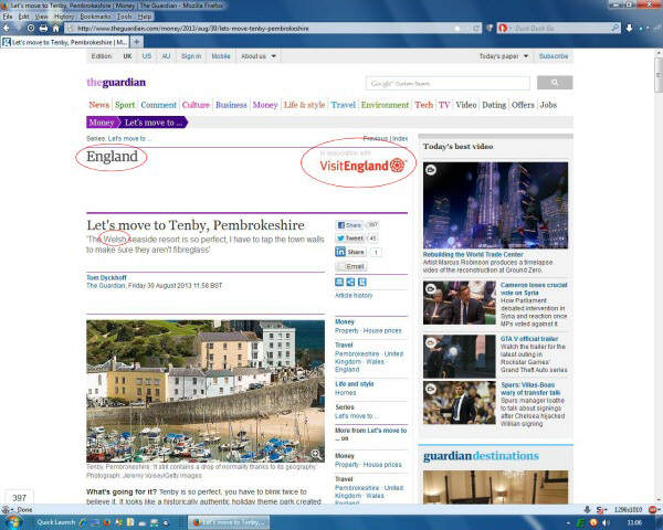 Screenshot of Guardian article about Tenby (in Wales) under the heading 'England'