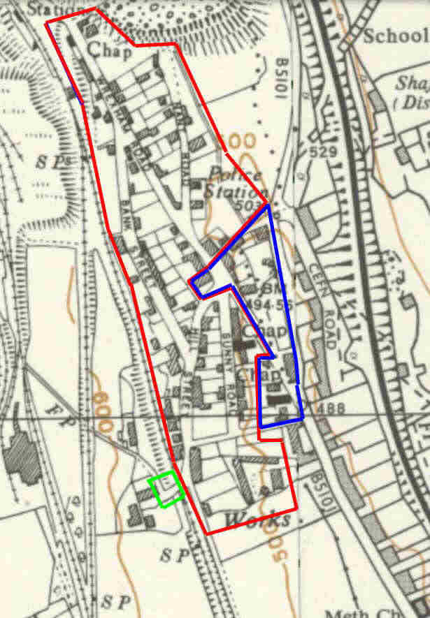 1950s large-scale map with areas outlined in red, blue and green