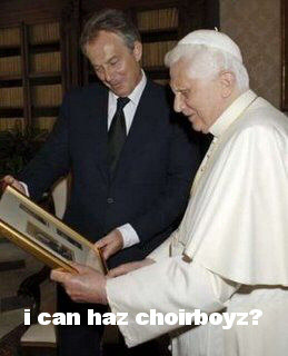 Picture of Blair and the Pope looking at photographs. Caption: 'I can haz choirboyz?'