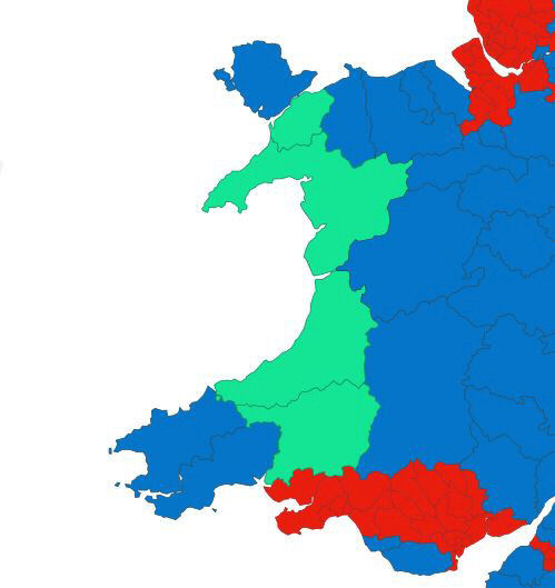Map of Wales showing the party colours