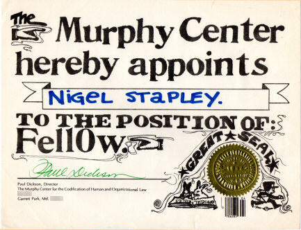 Scan of a not-entirely-serious Certificate of Fellowship of The Murphy Center