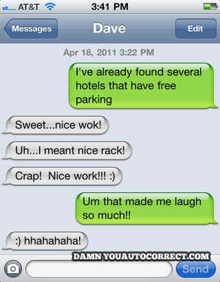 Screenshot of a texting mistake saying 'nice rack!' instead of 'nice work!'