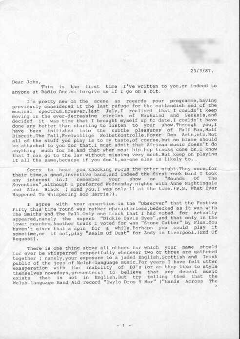 First page of my letter to John Peel in March 1987