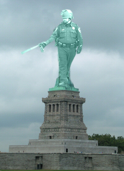 Picture of cop using pepper spray superimposed on the plinth of the Statue of Liberty