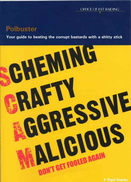 Spoof of a booklet cover warning against scams, modified to warn against dishonest politicians