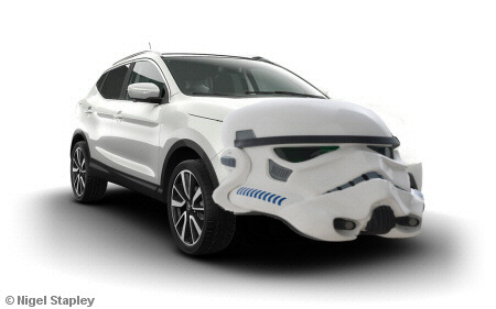 Image of a Nissan Qashqai with the front made to look like an Imperial Stormtrooper out of 'Star Wars'