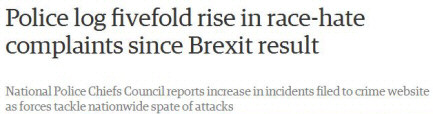 Newspaper headline: 'Police log fivefold rise in race-hate complaints since Brexit'