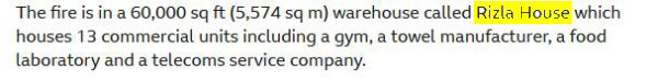 Report of a major fire at a property called 'Rizla House'