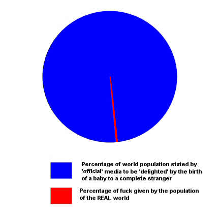Pie chart showing proportion of population of the real world interested in royal birth compared to interest of people as designated by official media