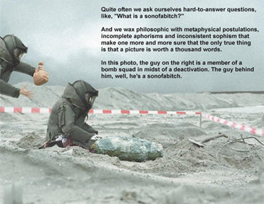 Picture of bomb disposal guy, with someone standing behind him about to pop a paper bag