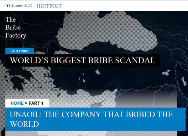 Screenshot from the Sydney Morning Herald with the headline, 'Unaoil: The Company That Bribed The World'