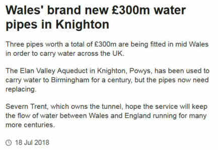 Screenshot from BBC news website: 'Wales' brand new water pipes' which will 'carry water across the UK'