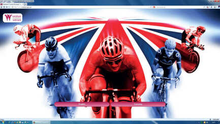 Montage of racing cyclists in front of a Union Flag