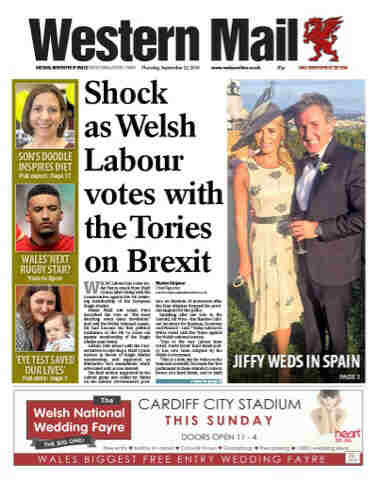 Screenshot of the front page of the 'Western Mail' with the headline 'Shock as Welsh Labour votes with the Tories on Brexit'