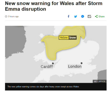 Screenshot from the BBC website forecasting 'Yellow' 'Snow'