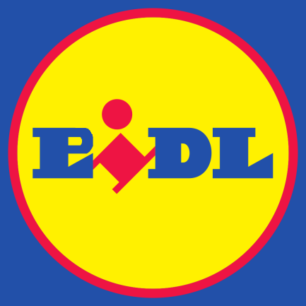 Logo Lidl, efo'r 'L' gyntaf wedi'i throi'n 'P' / Lidl's logo, with the first 'L' replaced by a 'P'