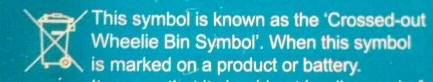 From the packaging of an electrical item next to a symbol of a crossed-out wheelie bin: 'This symbol is known as the 'Crossed-out Wheelie Bin Symbol'