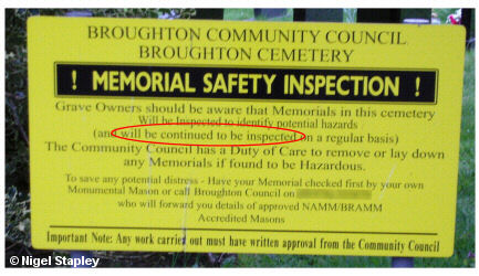 Sign saying that gravestones 'will be continued to be inspected'