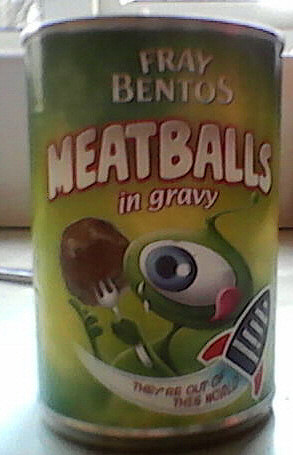 Photo of a tin of meatballs with a cartoon-character eye on the label
