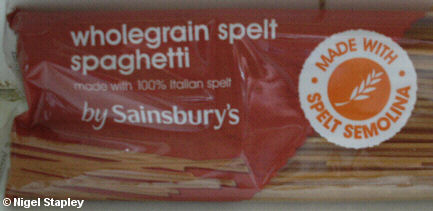 Picture of a packet of pasta described as 'Wholegrain spelt spaghetti'